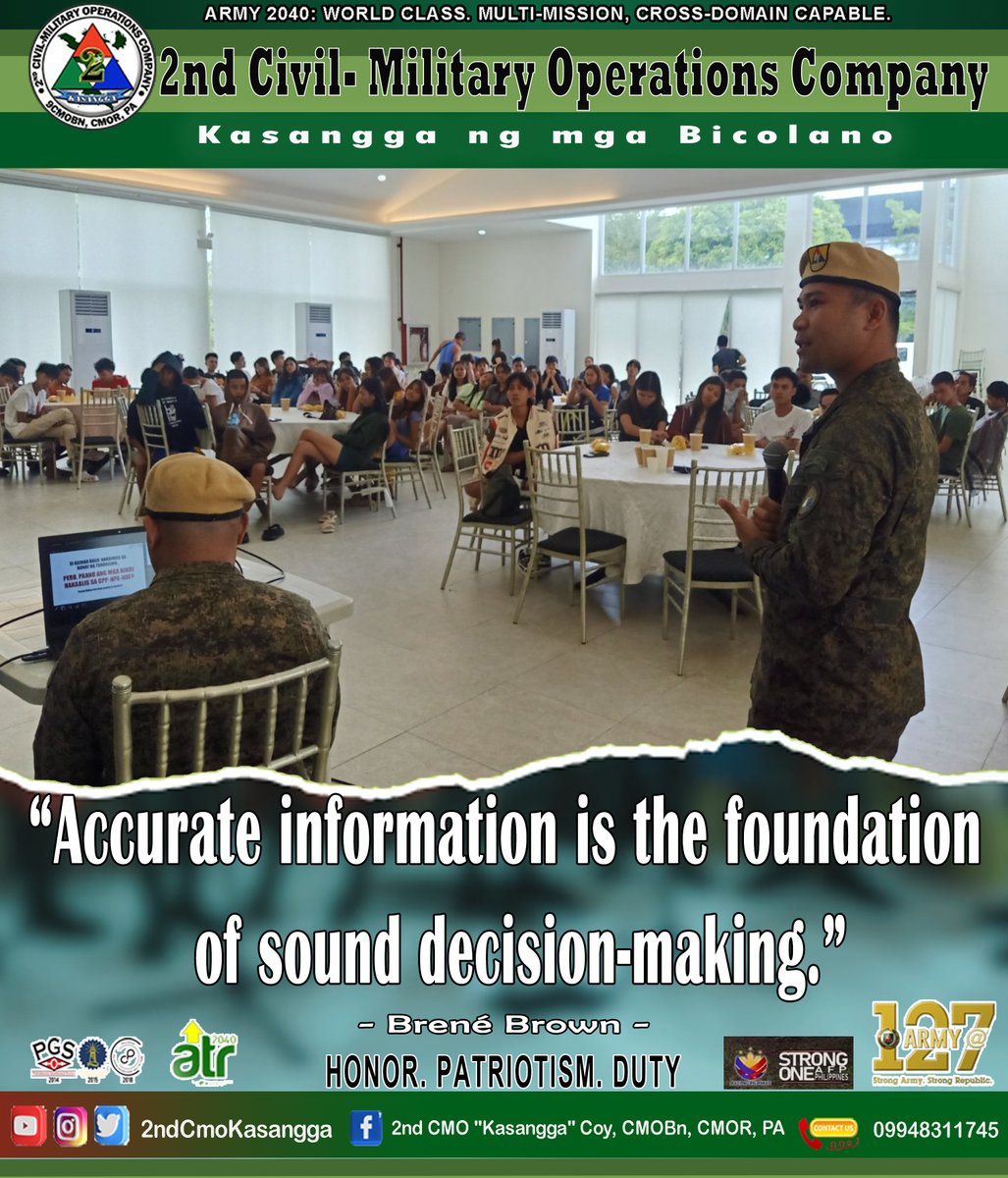 92ndK's tweet photo. QUOTE OF THE DAY
"Accurate information is the foundation of sound decision-making."
#strongoneafpphilippine
#KaagapayNgMgaBikolano
#MatatagNaHukbongKatihan
#strongarmystrongrepublic
#kasangga2024
#followerseveryone
#quotes
#QuoteOfTheDay https://t.co/P9Yqts4nuo