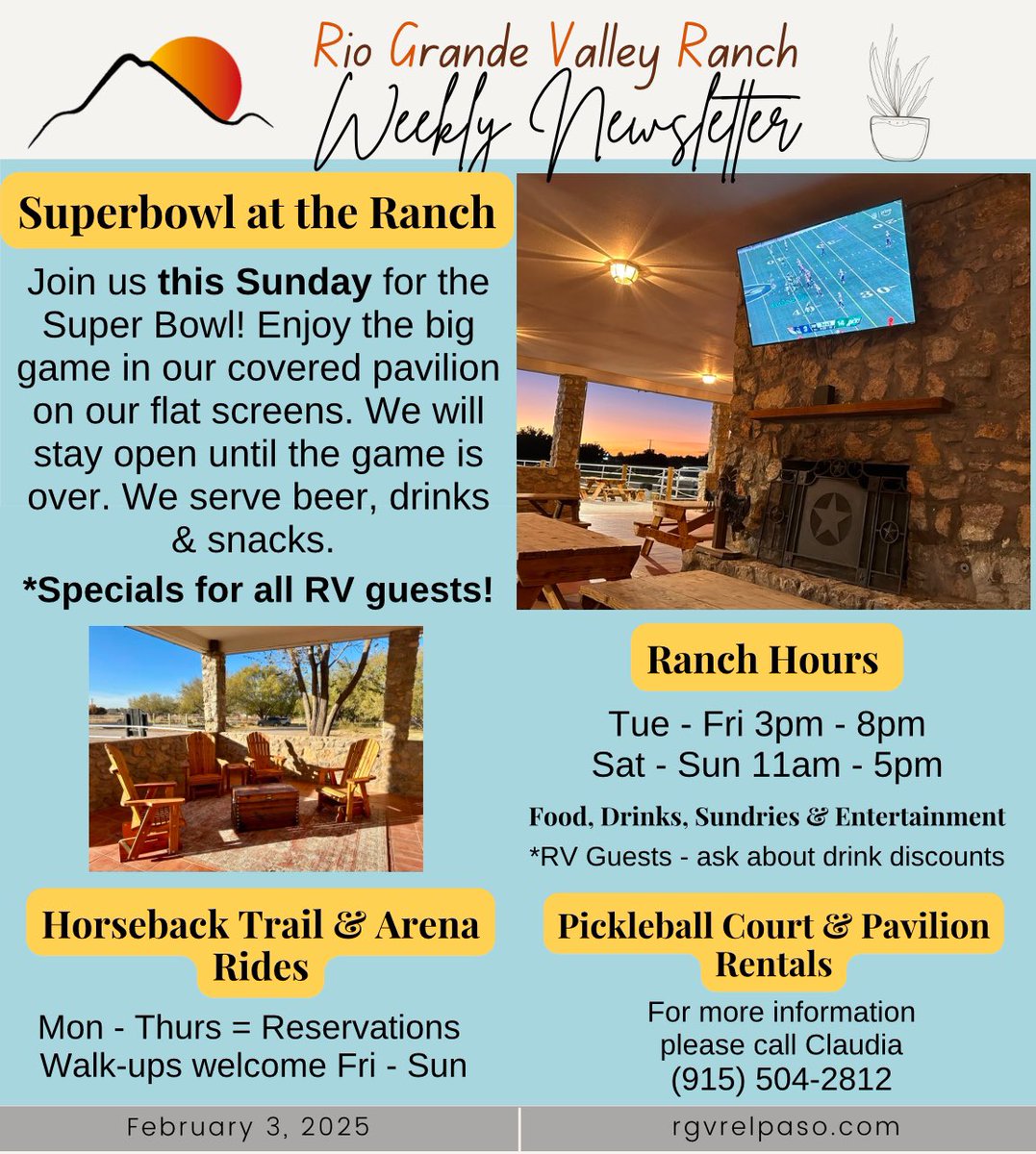 RGVR_Resort's tweet photo. #RGVR Events & Information for this week. February 3 - 9, 2025
https://t.co/25YNblRy7s
#rvlife #rvresort #canutillotx #rvresortlife #texasranch #trailrides #gokarts #RGVRRacing #elpasotx #todoelpaso #Superbowl https://t.co/iJ6Zxw8Kv0
