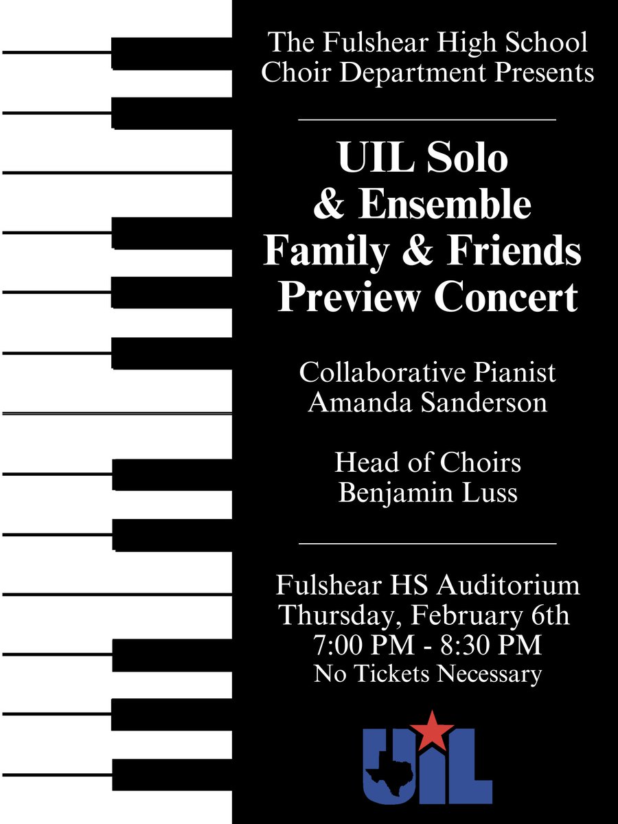You are invited to our annual Pre UIL Solo &amp; Ensemble Concert. The students will be preforming music from the Renaissance to modern classical art song. Hope to see you there.