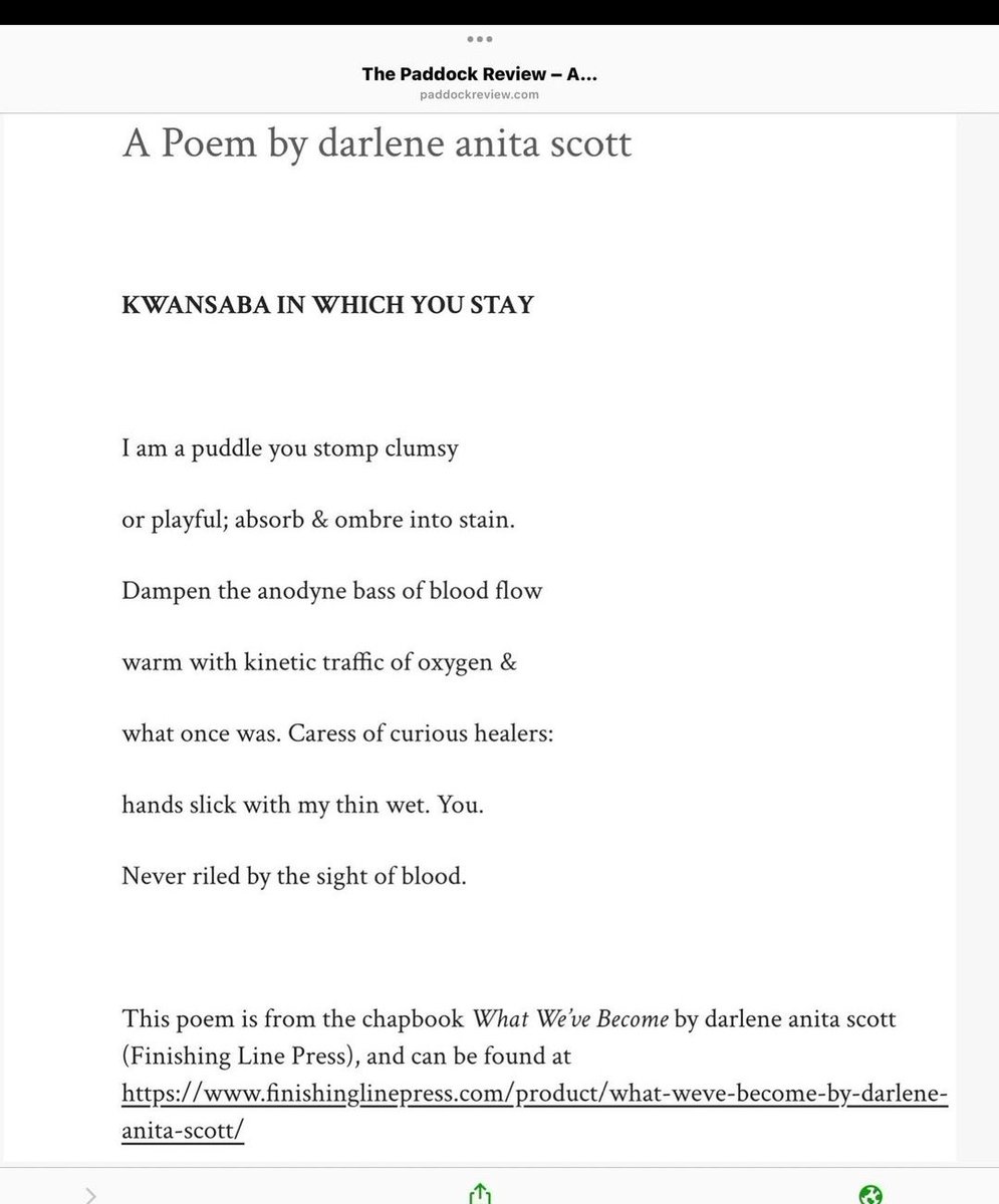 Here's a poem from What We've Become using a poetic form called the kwansaba;  poetic form invented by Eugene B. Redmond in 1995 inspired by the 7 day #Kwanzaa holiday.

It's a praise poem that consists of 7 lines, 7 words per line, and no word in the poem exceeds 7 letters.
