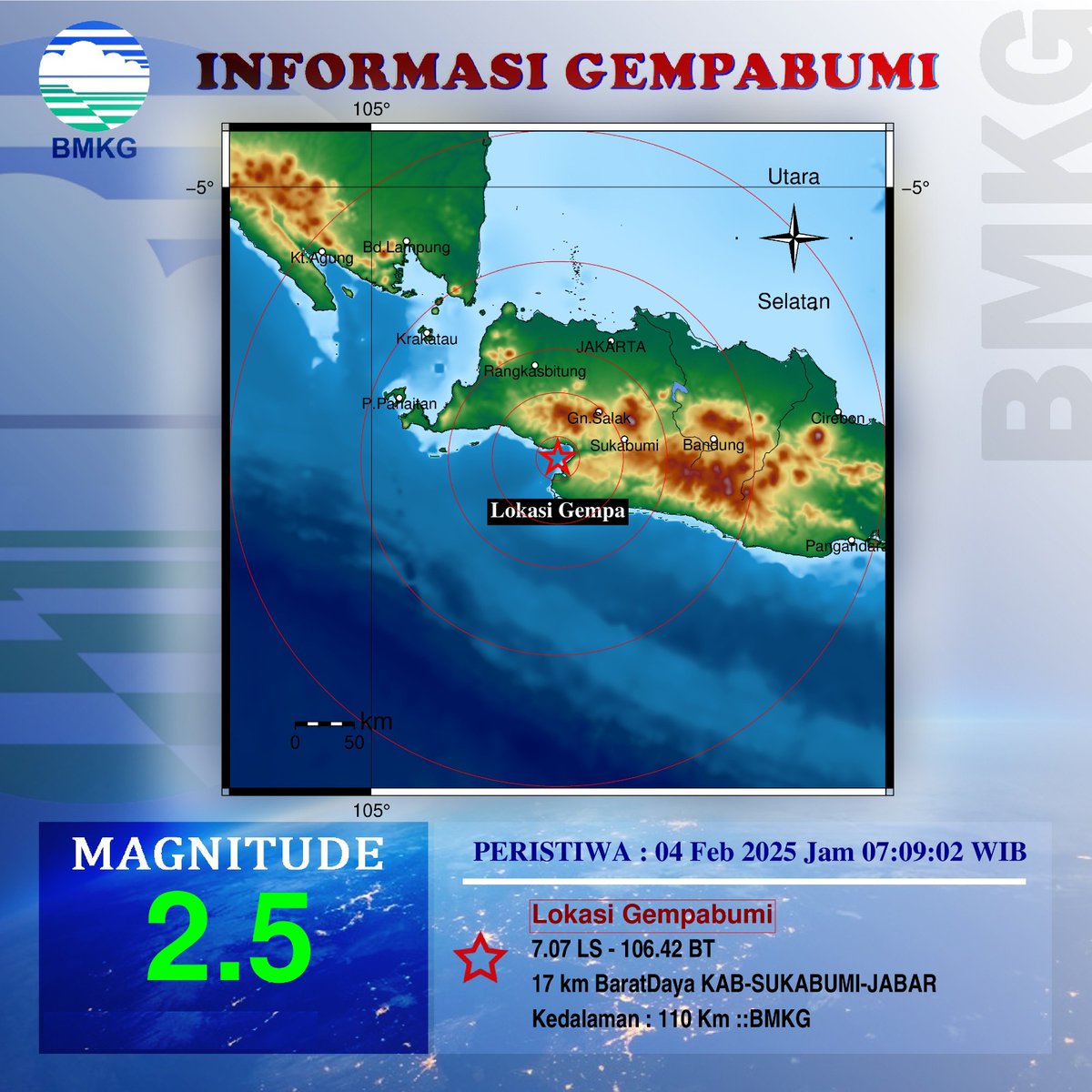 Info Gempa Mag:2.5, 04-Feb-25 07:09:02 WIB, Lok:7.07 LS - 106.42 BT (17 km BaratDaya KAB-SUKABUMI-JABAR), Kedlmn: 110 Km ::BMKG