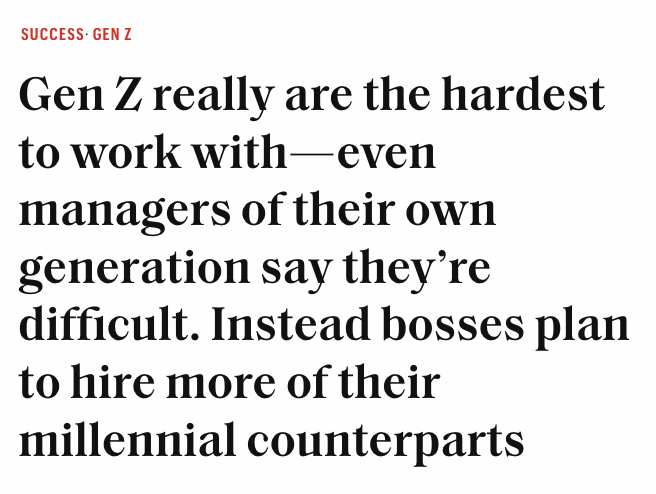 unusual_whales's tweet photo. "Gen Z really are the hardest to work with—even managers of their own generation say they’re difficult. Instead bosses plan to hire more of their millennial counterparts," per FORTUNE: https://t.co/L0ATVEnaIW