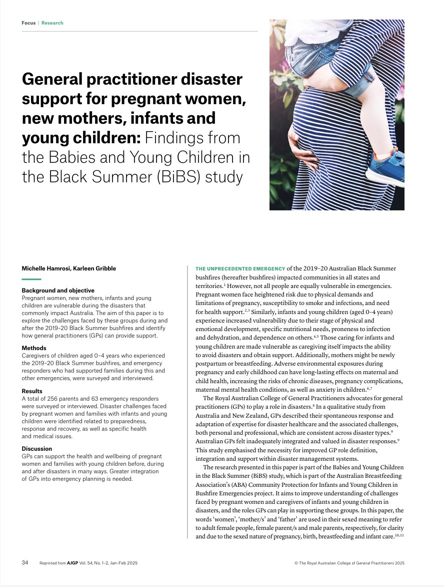 The second paper from the BiBS Study is online in the <a href="/RACGP/">RACGP</a> journal on general practitioner support for pregnant women, new mothers and infants and young children before, during and after disasters. www1.racgp.org.au/ajgp/2025/janu…