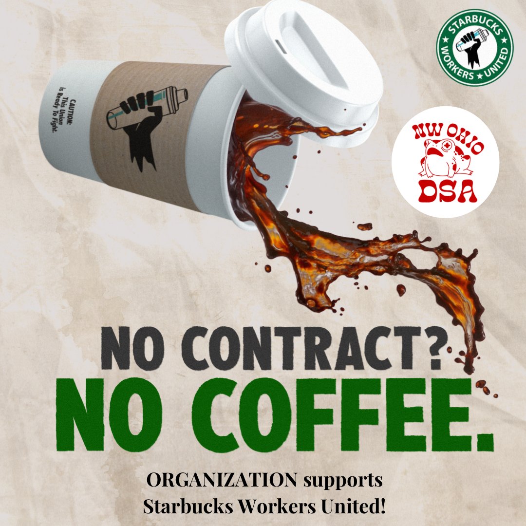 Like your coffee union strong? So do we! ☕ 💪

Sign the <a href="/SBWorkersUnited/">Starbucks Workers United</a> pledge to show <a href="/Starbucks/">Starbucks</a> that not bargaining higher wages and better benefits for union baristas is bad for business! Pledge: bit.ly/4hiUGmp #NoContractNoCoffee
Tag us:
X,IG,FB: <a href="/SBWorkersUnited/">Starbucks Workers United</a>