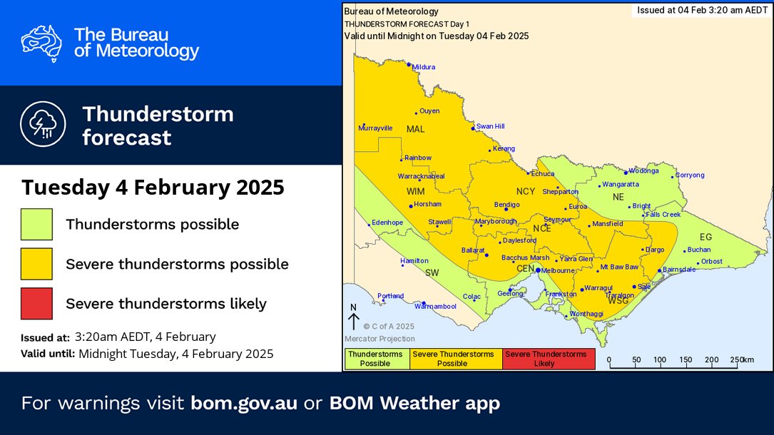 ⛈️TODAY's Thunderstorm FORECAST (4 Feb ):

🟡Severe storms possible: most of #Vic except the south-west and far east and north-east
Hazards: Damaging winds, large hail, heavy rainfall

🟢Non-severe storms possible: all except the far south-west

Warnings: bom.gov.au/vic/warnings/