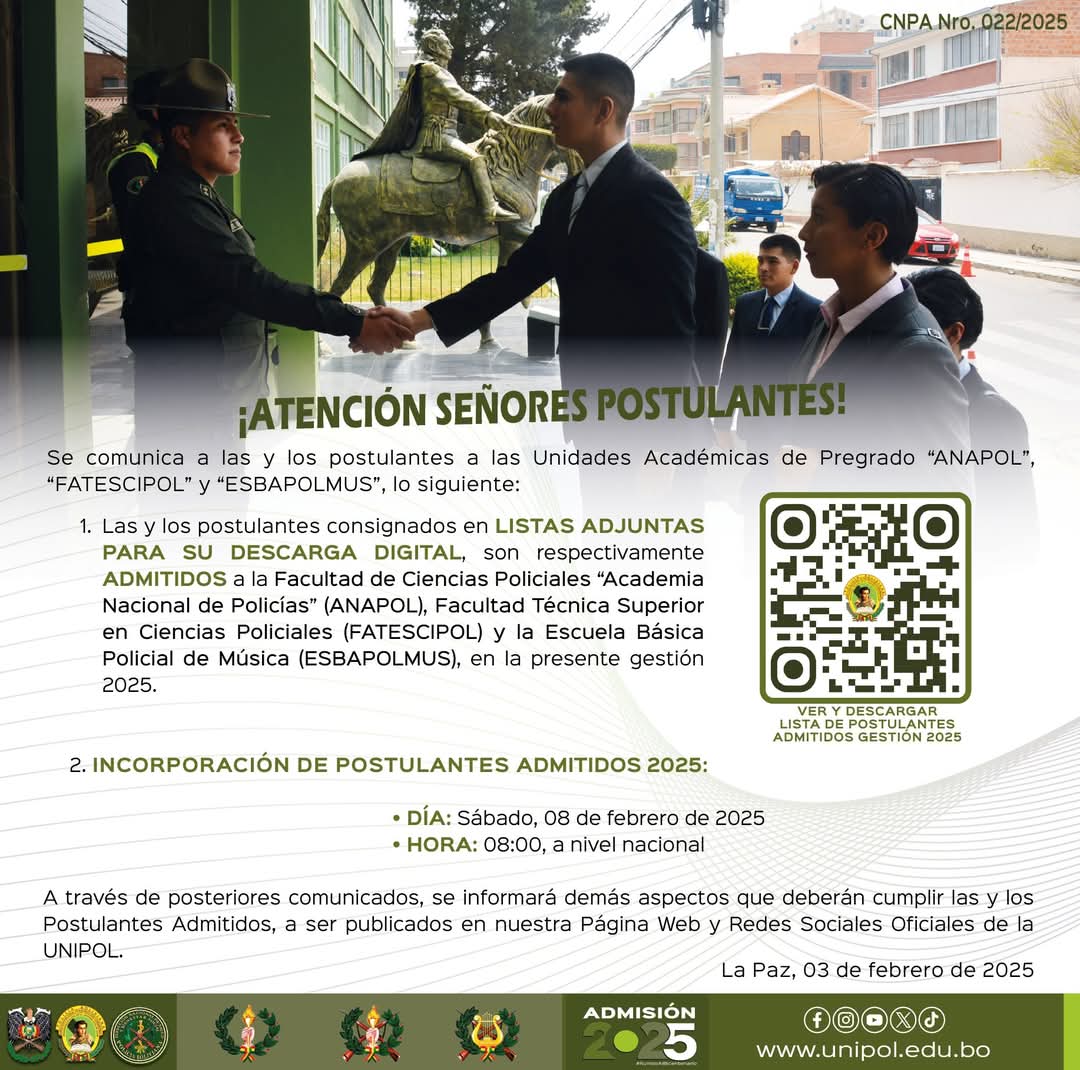 unipol_polbol's tweet photo. #Admisión2025
#ANAPOL #FATESCIPOL #ESBAPOLMUS

¡𝘼𝙏𝙀𝙉𝘾𝙄Ó𝙉 𝙎𝙀Ñ𝙊𝙍𝙀𝙎 𝙋𝙊𝙎𝙏𝙐𝙇𝘼𝙉𝙏𝙀𝙎!

COMUNICADO CNPA - 22/2025 
ℹ️ 𝗟𝗜𝗦𝗧𝗔 𝗗𝗘  𝗣𝗢𝗦𝗧𝗨𝗟𝗔𝗡𝗧𝗘𝗦 𝗔𝗗𝗠𝗜𝗧𝗜𝗗𝗢𝗦 𝗔 𝗟𝗔𝗦 𝗨𝗡𝗜𝗗𝗔𝗗𝗘𝗦 𝗔𝗖𝗔𝗗É𝗠𝗜𝗖𝗔𝗦 𝗗𝗘 𝗣𝗥𝗘𝗚𝗥𝗔𝗗𝗢 𝟮𝟬𝟮𝟱. https://t.co/bj4KXNrw8e