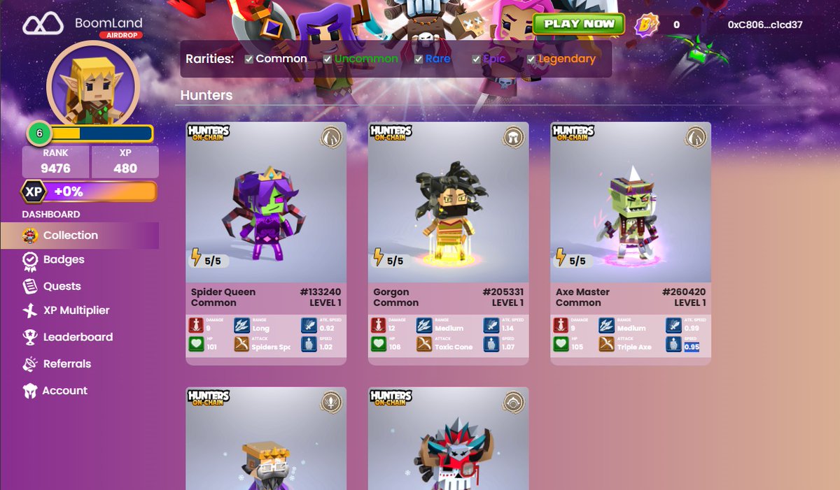 jasonrusselpas1's tweet photo. "Ready to dominate in #HuntersOnChain! 🔥 Check out my latest lineup—Spider Queen, Gorgon, King, Voodoo and Axe Master! 🏆 #KGeNPlaysHuntersOnChain #NFTGaming #BoomLand" https://t.co/6GqK28PFTa