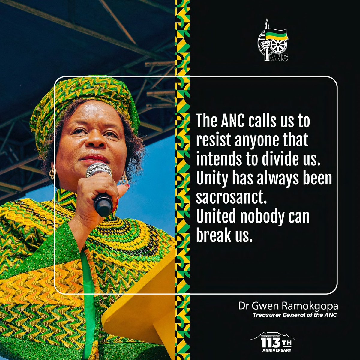 DrGwenR's tweet photo. โThe ANC calls us to resist anyone that intends to divide us.
Unity has always been sacrosanct.
United nobody can break us.โ
#anc113anniversary
#ancjan08statement
#ThePeoplesMovement https://t.co/UPaiii3wgW