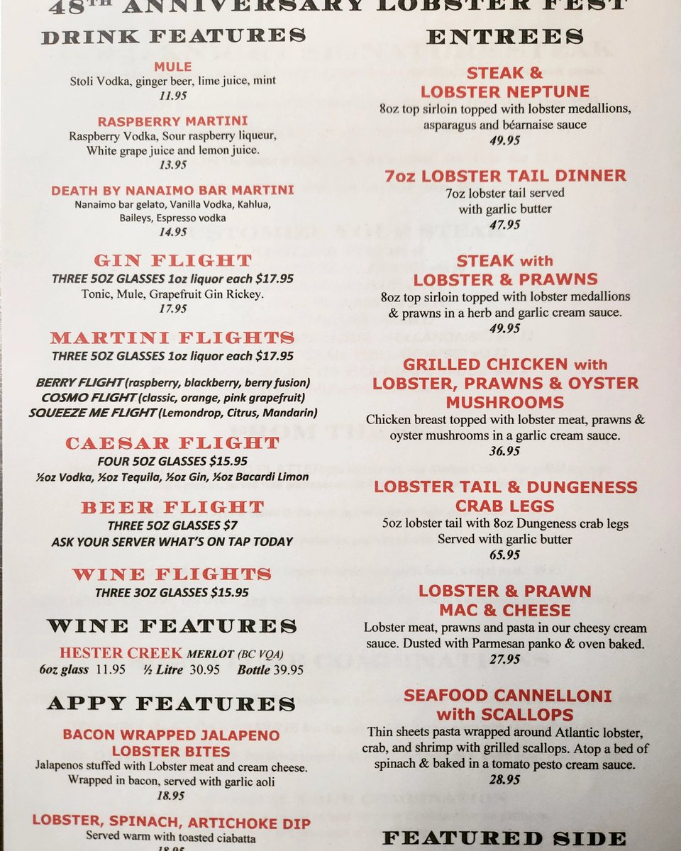 Open Tuesday-Sunday from 4pm #Nanaimo. Lobster fest features are in full effect.