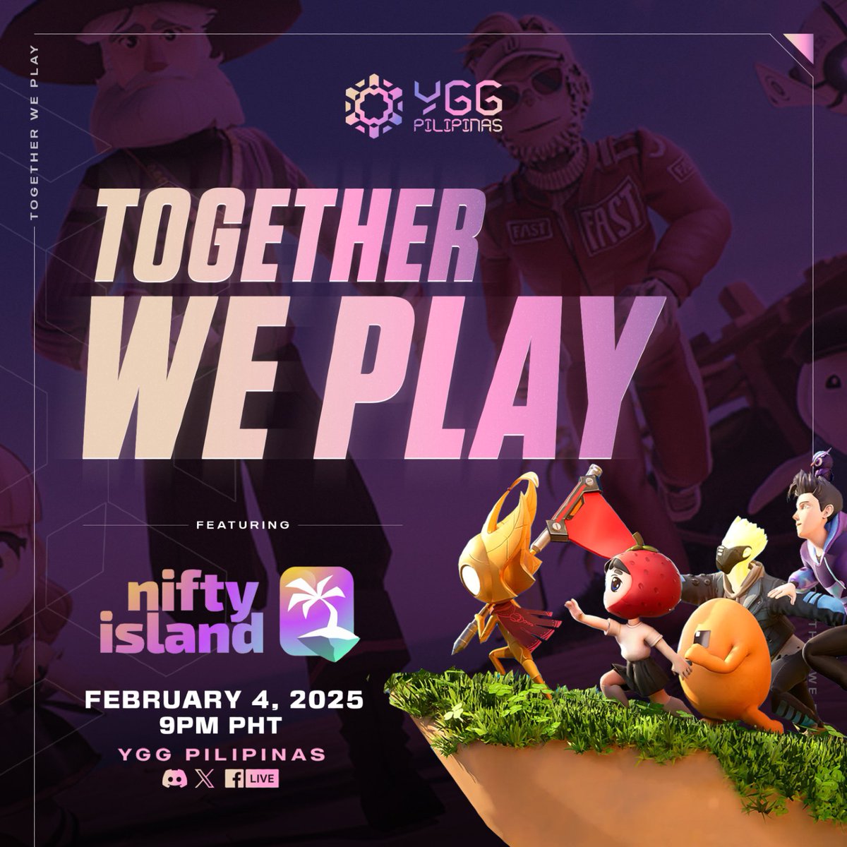 YGGPilipinas's tweet photo. 🏝️ Together We Play feat. @niftyisland – LIVE TONIGHT! 🏝️

Are you ready? 💜 Nifty Island is calling! 🌴 Time to explore, create, and earn in this open-world adventure.

Here's what's in store for tonight:

🎮 What is Nifty Island?
📌 Gameplay Tips & Tricks
💸 and more!

📅 February 4, 2025
⏰ 9PM PHT/SGT
📍 Facebook and Discord (https://t.co/d4tTDujjoQ)