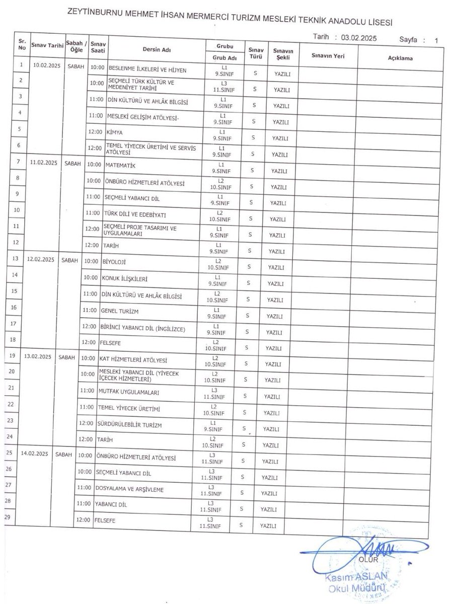 Beklemeli öğrencilerin Sorumluluk sınav takvimi