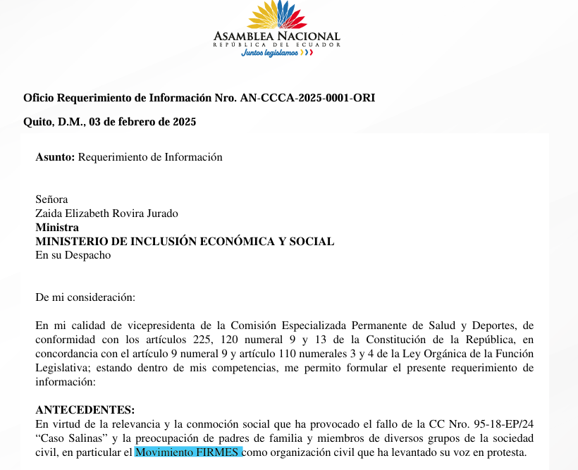 firmes_ec's tweet photo. FIRMES IMPULSA PROCESO DE FISCALIZACIÓN Y CONTROL POLÍTICO DESDE LA ASAMBLEA NACIONAL A LAS MINISTRAS ARIANNA TANCA Y ZAIDA ROVIRA POR PROMOVER LA IDEOLOGÍA DE LA "NIÑEZ TRANS" EN EL ECUADOR. 

Hemos solicitado un proceso de fiscalización desde la Asamblea Nacional con la ayuda de la legisladora del bloque SUMA Cristina Chavez @cristinach_23  la cual muy gentilmente (y a quien agradecemos) ha acogido nuestra iniciativa ciudadana y procedió con el respectivo requerimiento de inicio de fiscalización a estas dos carteras de Estado sometiéndolas rendir cuentas al pueblo del Ecuador: 

1.- Por su involucramiento en el caso AMADA (cambio de sexo en niños) deberán rendir informe sobre todas las actuaciones del Ministerio de Inclusión Económica y Social, en el  Caso Nro. 1313-19-JP, conocido como “Caso Amada". 

2.-  Por existir un contrato de más de USD $700.000 para enseñar "nuevas masculinidades y diversidad sexual" a los niños del Ecuador la Ministra de la Mujer deberá rendir cuentas sobre 

Les recordamos señoras Ministras @ariannatancam @zaidarovira  que existen registros y grabaciones en la Corte Constitucional de la audiencia del caso AMADA, en caso que mientan a la ciudadanía podrían incurrir en un delito de falsificación, y en caso de no contestar incurren en causal de JUICIO POLÍTICO. 

Agradecemos de manera especial a Guillermo Celi @GuillermoCeli  que encabeza la lista nacional de candidatos a la Asamblea por SUMA por haber canalizado con alto sentido patriótico esta iniciativa de fiscalización ciudadana. 

Señor Presidente @DanielNoboaOk le hacemos un llamado para que DESTITUYA a todo funcionario de su gobierno que se encuentre promoviendo estas perversas agendas extranjeras contra nuestros niños. 

Hacemos un llamado a todos los hombres y mujeres de buena voluntad -de todos los partidos del pais- que se unan a esta causa por la Familia y por la Patria. 

Nos vemos el miércoles 05 de febrero en la ciudad de Guayaquil a las 4:00pm  en el Parque Centenario. 

ÚNETE A LA RESISTENCIA!🔥

FIRMES POR ECUADOR 🇪🇨