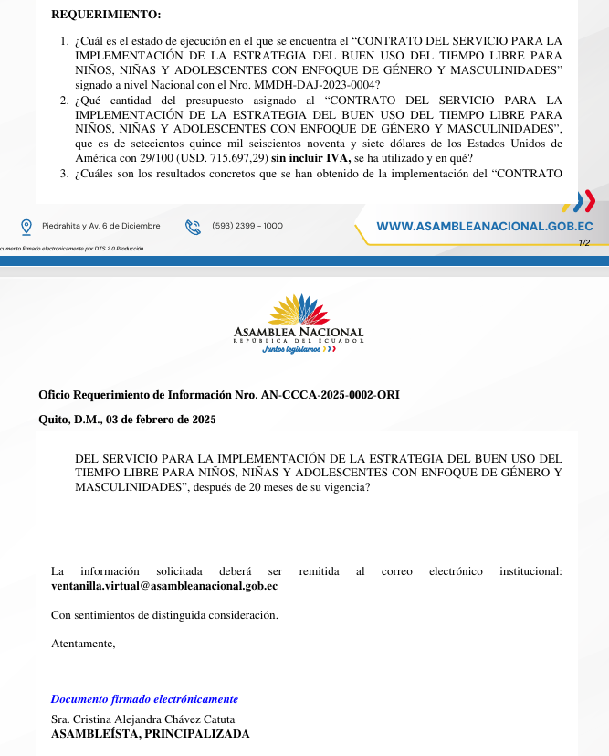 firmes_ec's tweet photo. FIRMES IMPULSA PROCESO DE FISCALIZACIÓN Y CONTROL POLÍTICO DESDE LA ASAMBLEA NACIONAL A LAS MINISTRAS ARIANNA TANCA Y ZAIDA ROVIRA POR PROMOVER LA IDEOLOGÍA DE LA "NIÑEZ TRANS" EN EL ECUADOR. 

Hemos solicitado un proceso de fiscalización desde la Asamblea Nacional con la ayuda de la legisladora del bloque SUMA Cristina Chavez @cristinach_23  la cual muy gentilmente (y a quien agradecemos) ha acogido nuestra iniciativa ciudadana y procedió con el respectivo requerimiento de inicio de fiscalización a estas dos carteras de Estado sometiéndolas rendir cuentas al pueblo del Ecuador: 

1.- Por su involucramiento en el caso AMADA (cambio de sexo en niños) deberán rendir informe sobre todas las actuaciones del Ministerio de Inclusión Económica y Social, en el  Caso Nro. 1313-19-JP, conocido como “Caso Amada". 

2.-  Por existir un contrato de más de USD $700.000 para enseñar "nuevas masculinidades y diversidad sexual" a los niños del Ecuador la Ministra de la Mujer deberá rendir cuentas sobre 

Les recordamos señoras Ministras @ariannatancam @zaidarovira  que existen registros y grabaciones en la Corte Constitucional de la audiencia del caso AMADA, en caso que mientan a la ciudadanía podrían incurrir en un delito de falsificación, y en caso de no contestar incurren en causal de JUICIO POLÍTICO. 

Agradecemos de manera especial a Guillermo Celi @GuillermoCeli  que encabeza la lista nacional de candidatos a la Asamblea por SUMA por haber canalizado con alto sentido patriótico esta iniciativa de fiscalización ciudadana. 

Señor Presidente @DanielNoboaOk le hacemos un llamado para que DESTITUYA a todo funcionario de su gobierno que se encuentre promoviendo estas perversas agendas extranjeras contra nuestros niños. 

Hacemos un llamado a todos los hombres y mujeres de buena voluntad -de todos los partidos del pais- que se unan a esta causa por la Familia y por la Patria. 

Nos vemos el miércoles 05 de febrero en la ciudad de Guayaquil a las 4:00pm  en el Parque Centenario. 

ÚNETE A LA RESISTENCIA!🔥

FIRMES POR ECUADOR 🇪🇨