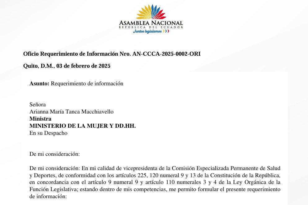 firmes_ec's tweet photo. FIRMES IMPULSA PROCESO DE FISCALIZACIÓN Y CONTROL POLÍTICO DESDE LA ASAMBLEA NACIONAL A LAS MINISTRAS ARIANNA TANCA Y ZAIDA ROVIRA POR PROMOVER LA IDEOLOGÍA DE LA "NIÑEZ TRANS" EN EL ECUADOR. 

Hemos solicitado un proceso de fiscalización desde la Asamblea Nacional con la ayuda de la legisladora del bloque SUMA Cristina Chavez @cristinach_23  la cual muy gentilmente (y a quien agradecemos) ha acogido nuestra iniciativa ciudadana y procedió con el respectivo requerimiento de inicio de fiscalización a estas dos carteras de Estado sometiéndolas rendir cuentas al pueblo del Ecuador: 

1.- Por su involucramiento en el caso AMADA (cambio de sexo en niños) deberán rendir informe sobre todas las actuaciones del Ministerio de Inclusión Económica y Social, en el  Caso Nro. 1313-19-JP, conocido como “Caso Amada". 

2.-  Por existir un contrato de más de USD $700.000 para enseñar "nuevas masculinidades y diversidad sexual" a los niños del Ecuador la Ministra de la Mujer deberá rendir cuentas sobre 

Les recordamos señoras Ministras @ariannatancam @zaidarovira  que existen registros y grabaciones en la Corte Constitucional de la audiencia del caso AMADA, en caso que mientan a la ciudadanía podrían incurrir en un delito de falsificación, y en caso de no contestar incurren en causal de JUICIO POLÍTICO. 

Agradecemos de manera especial a Guillermo Celi @GuillermoCeli  que encabeza la lista nacional de candidatos a la Asamblea por SUMA por haber canalizado con alto sentido patriótico esta iniciativa de fiscalización ciudadana. 

Señor Presidente @DanielNoboaOk le hacemos un llamado para que DESTITUYA a todo funcionario de su gobierno que se encuentre promoviendo estas perversas agendas extranjeras contra nuestros niños. 

Hacemos un llamado a todos los hombres y mujeres de buena voluntad -de todos los partidos del pais- que se unan a esta causa por la Familia y por la Patria. 

Nos vemos el miércoles 05 de febrero en la ciudad de Guayaquil a las 4:00pm  en el Parque Centenario. 

ÚNETE A LA RESISTENCIA!🔥

FIRMES POR ECUADOR 🇪🇨