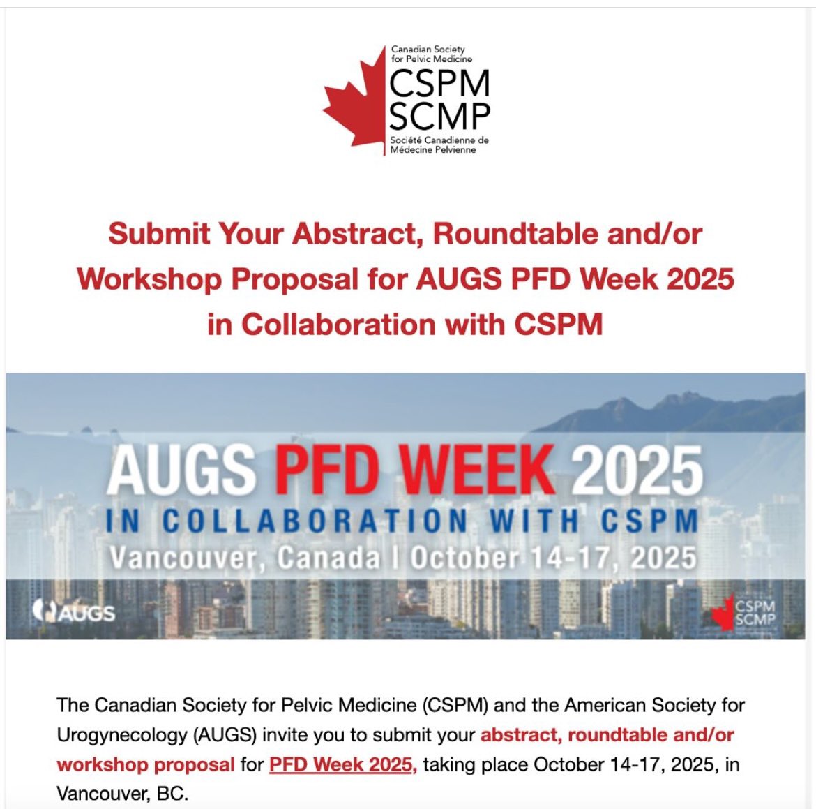 Submit your abstract, Roundtable and/or Workshop Proposal for AUGS PFD Week 2025 in collaboration with CSPM 
<a href="/urogynsociety/">AUGS</a>