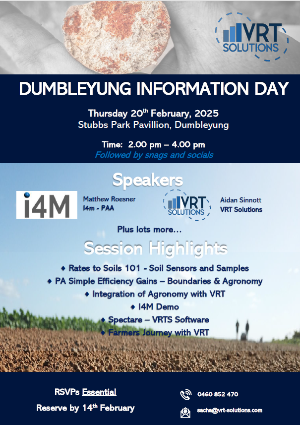 VRT, soils, spreaders, maps.

Free  event Info session in Dumbleyung on 20th Feb. RSVP essential! 

No sales pitches, no bullsh!t, just good info.

Retweet appreciated!

#jfg