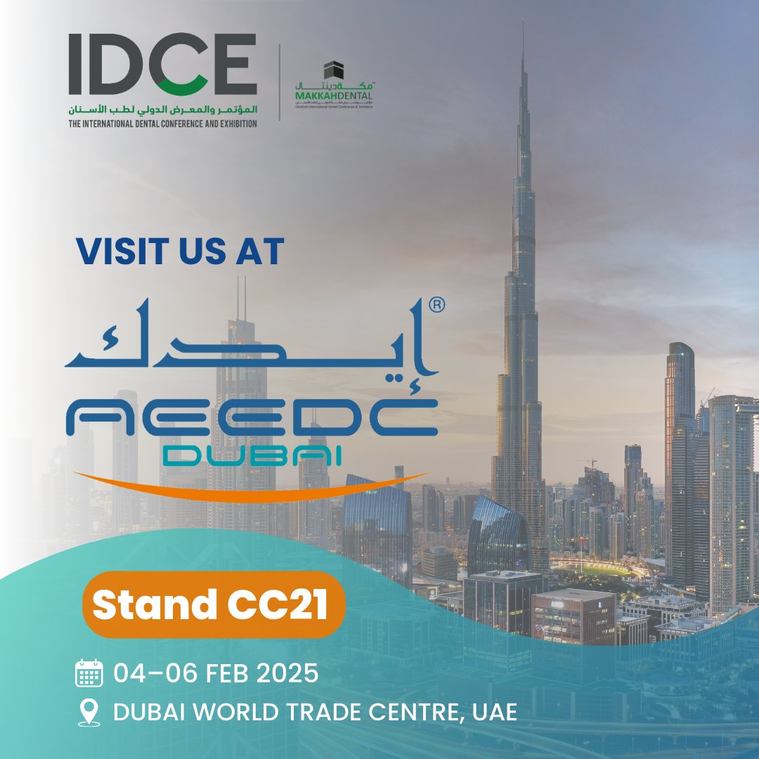 The International Dental Conference &amp; Exhibition (MAKKAH Dental) will be taking part in AEEDC 2025 at Dubai World Trade Centre, UAE from 04 – 06 February 2025!

We invite you to visit us at Stand No. CC21.

#AEEDCDubai2025 #IDCE2025 #MAKKAHDental #dentalindustry #dentalevents