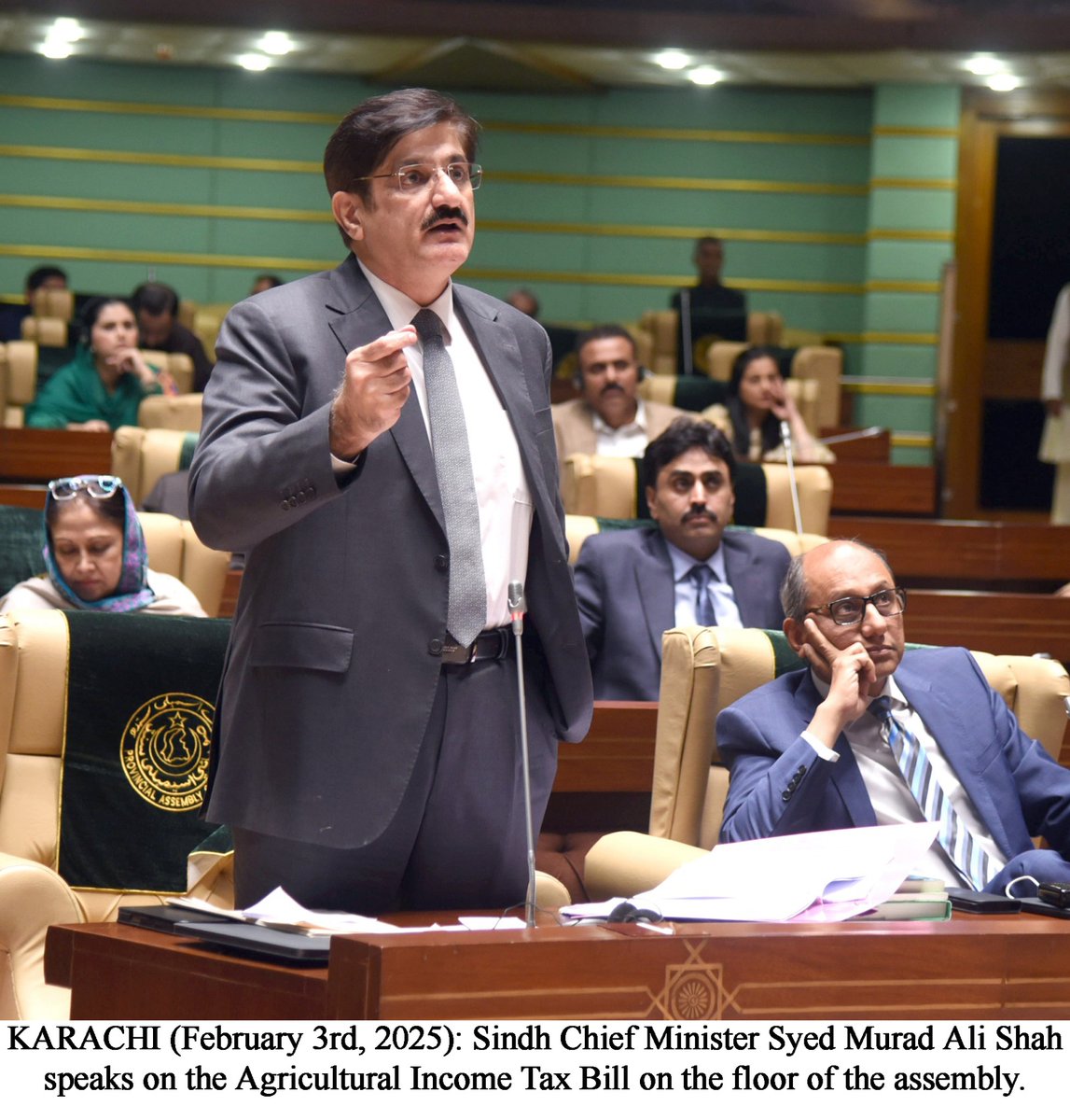 KARACHI (February 3rd, 2025): Sindh Chief Minister Syed Murad Ali Shah  speaks on the Agricultural Income Tax Bill on the floor of the assembly.