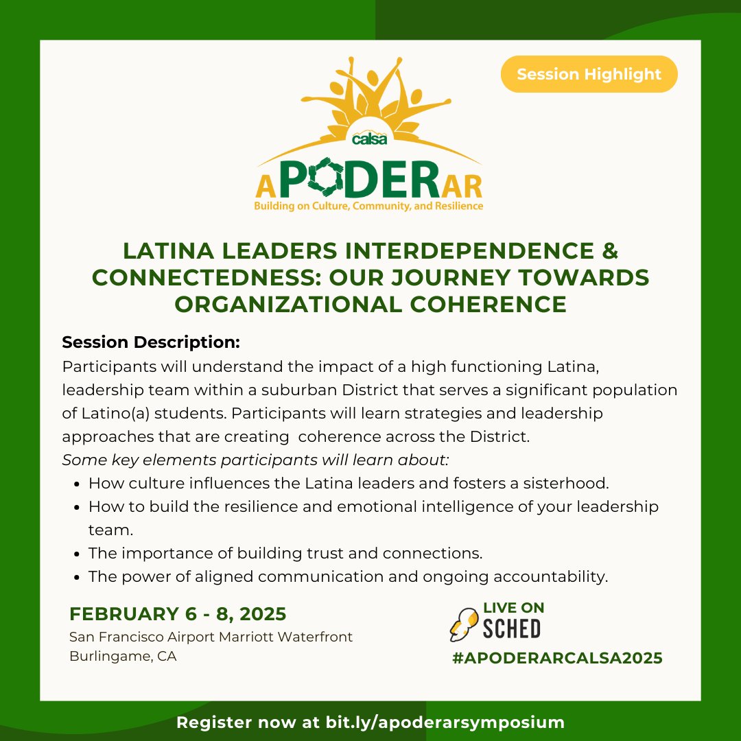 CALSAfamilia's tweet photo. ✨ Session Highlight: Latina Leaders – Interdependence &amp; Connectedness ✨

Latina leaders thrive through collaboration, shared vision, and collective strength. This session explores how interdependence fosters organizational coherence and drives meaningful change.

#CALSA https://t.co/Xp9mF4DoaX