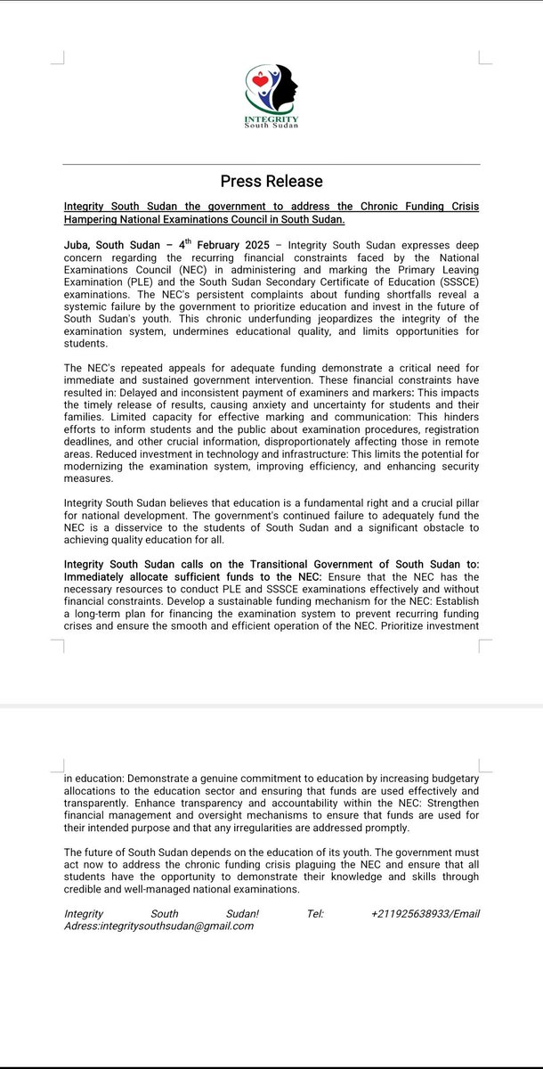Integrity South Sudan (@integritysouth) on Twitter photo Delayed results, delayed future. The government's failure to fund the National Examination council is robbing South Sudanese students of their future.
#SSOT
<a href="/USMissionJuba/">U.S. Embassy in Juba</a>
@ Delayed results, delayed future. The government's failure to fund the National Examination council is robbing South Sudanese students of their future.
#SSOT
<a href="/USMissionJuba/">U.S. Embassy in Juba</a>
@
