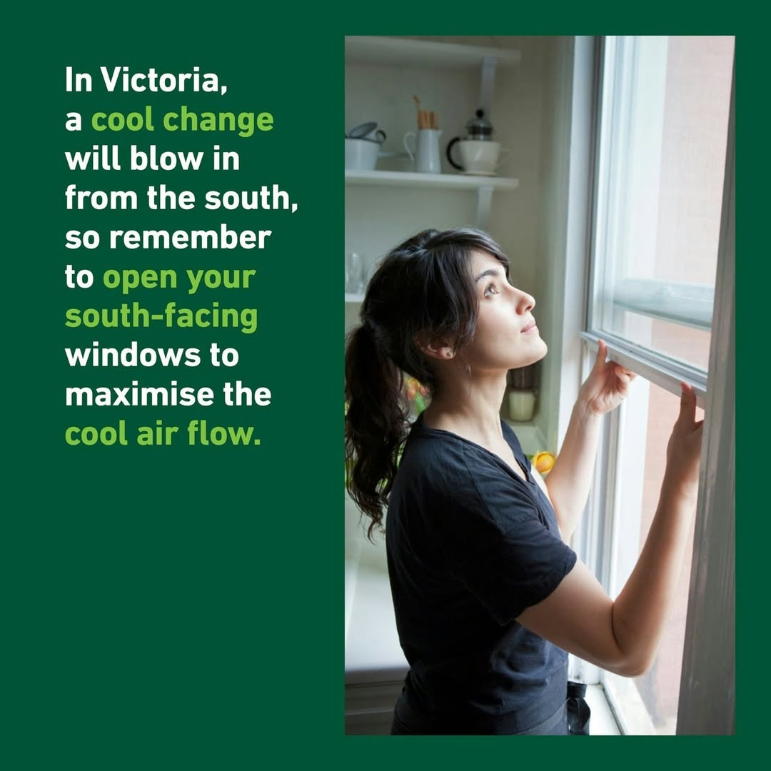 Remember to open windows and doors when the temperature drops in the evening or after a cool breeze arrives.

For maximum benefit, open windows and doors that face the breeze, as well as those on the opposite side of your home.

For more cooling tips: sustainability.vic.gov.au/energy-efficie…