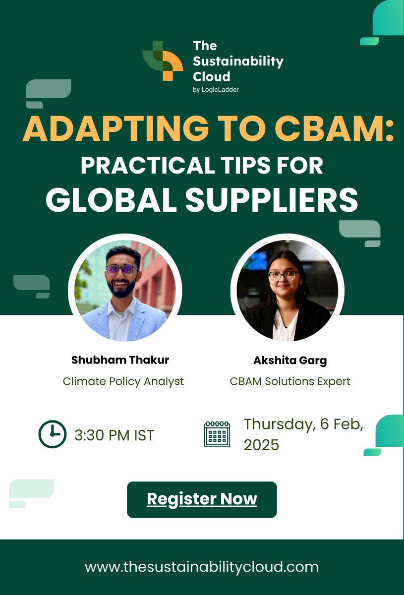 tsc_logicladder's tweet image. Book your calendars for 6th Feb 2024 at 3:30 PM (IST). Join us to learn how to:
- Simplify the complexities of CBAM.
- Understand its impact on your business.
- Learn how to automate CBAM reporting with ease.

#TheSustainabilityCloud #LogicLadder #Webinar #AdaptingtoCBAM #EUCBAM