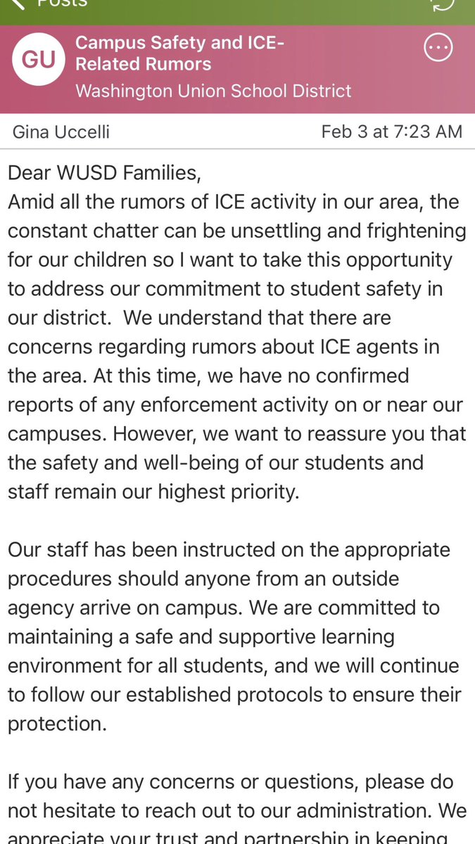 MichaelLipe7474's tweet photo. Once again, a district administrator is using district tools to promote a political agenda. Not one school has been approached by ICE or border patrol. There is admittedly, by Gina Uccelli in a meeting with me today, zero chance of this happening at Washington union schools. Also admitted by Gina, not one student or family in fear of this happening in the district. This is another political attack using our children and schools to create fear. An administrator unilaterally making indirect threats of fighting the federal government with our children’s educational facility. Shame on this superintendent. Shame on this district if they let her get away with abusing her fiduciary responsibility to our children’s educational needs. I will not stand for this recklessness
@glennchurch @alllocalpolitic @FelixKSBW @glennbeck @MattWalshBlog @ConceptualJames @DaytonPubPolicy @SupervisorLopez @sensecaliforni @libsoftiktok @pnjaban
