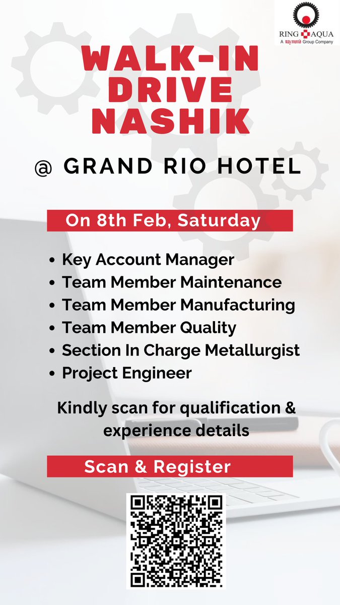 AmeyPant's tweet photo. Walkin drive on 8th February @ Hotel Grand Rio, Nashik.
 Interested candidates can scan the QR code for registration.

#jobsearch #jobseekers #nashik #ManufacturingJobs #automobile #thane #maharashtrajobs #SalesJobs https://t.co/1MJtPN1EMP