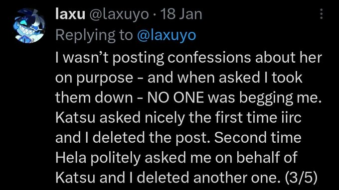 Kugarabach83350's tweet photo. Laxuyo most likely still runs the Kagurabachi Confessions account (@/kagurafessions). a thread 🧵(1/?)

It's well known that Laxuyo, at one point, ran this account. Laxuyo also has made mention of this recently. https://t.co/IIvFTpVnw7