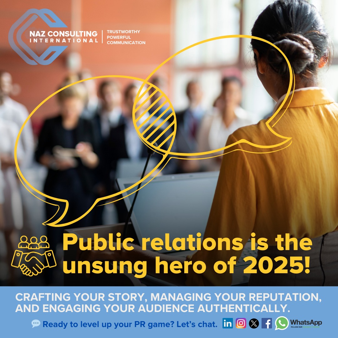 PR = The power play of 2025.
Build trust, tell your story, and engage authentically.

Ready to invest in your brand’s reputation?
📅 Book a free consultation today
nazconsulting.co.za/contact-us/