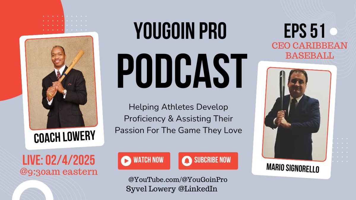 CaribbeanBaseb4's tweet image. Tune in tomorrow at 9:30 AM ET for YouGoin Pro Podcast Ep. 51 with Coach Lowery & Mario Signorello! Watch live on YouTube: @YouGoinPro. ⚾🔥 #BaseballPodcast
buff.ly/4hiwm4s