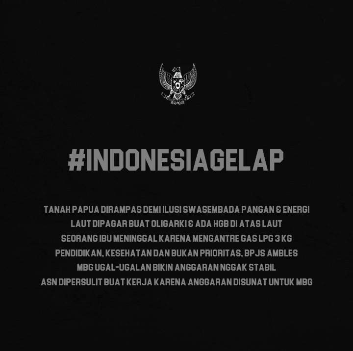hagogah's tweet photo. Sebarkan pesan ini ke seluruh penjuru medsos kalian &amp; sampaikan ke sanak saudara serta kawan, bahwa Indonesia semakin gak baik-baik aja &amp; perlu kesadaran untuk perubahan! 🫡

Follow Kak @BudiBukanIntel &amp; @barengwarga untuk update info yaw 😉

#PeringatanDarurat #IndonesiaGelap 🏴 https://t.co/LmKocMkUsg