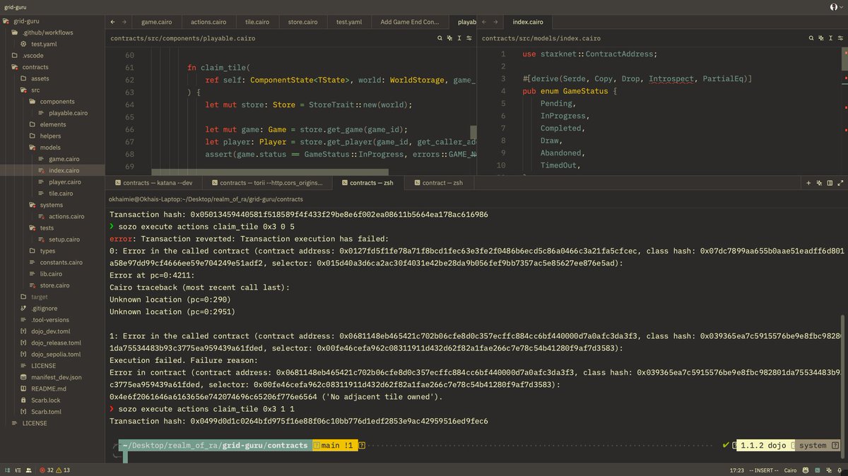 sudo_okhai's tweet image. I just finished writing the MVP dojo contracts for @ohayo_dojo x @celestia mammothon ( Mini Territory Wars )!

@zkeltoneth, @jonatanChaverri, and I are diving into bevy x dojo integration while we await Saya. 

Excited about this hackathon because it's a chance to delve into…