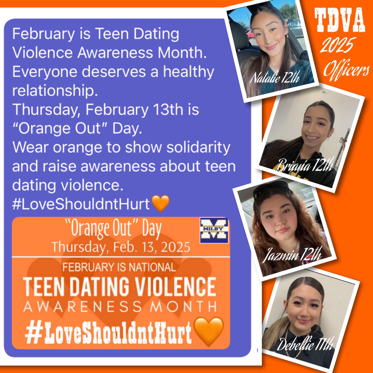 TaJuana Stewart (@coachstewart4) on Twitter photo Feb. 13th: MILBY’S “ORANGE-OUT” Day
🧡February is Teen Dating Violence Awareness Month.🧡Wear ORANGE to raise awareness and promote healthy relationships🧡 <a href="/Milby_HS/">Charles Milby High School</a> <a href="/MilbyVolleyball/">Milby Volleyball</a>
#LoveShouldntHurt🧡 Feb. 13th: MILBY’S “ORANGE-OUT” Day
🧡February is Teen Dating Violence Awareness Month.🧡Wear ORANGE to raise awareness and promote healthy relationships🧡 <a href="/Milby_HS/">Charles Milby High School</a> <a href="/MilbyVolleyball/">Milby Volleyball</a>
#LoveShouldntHurt🧡