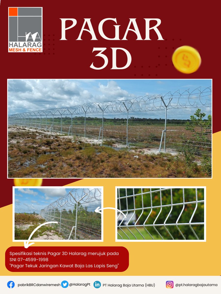 HalaragPt's tweet image. Pagar Bandara / Pagar V / Security Fence / Pagar Wiremesh / Pagar 3D 

Dibuat sebagaimana proses produksi wiremesh, dengan proses penekukan bentuk gelombang pada bagian tengahnya wiremesh, menggunakan mesin bending khusus. 

pabrikwiremesh.co.id

#pagarwiremesh #pagar3d