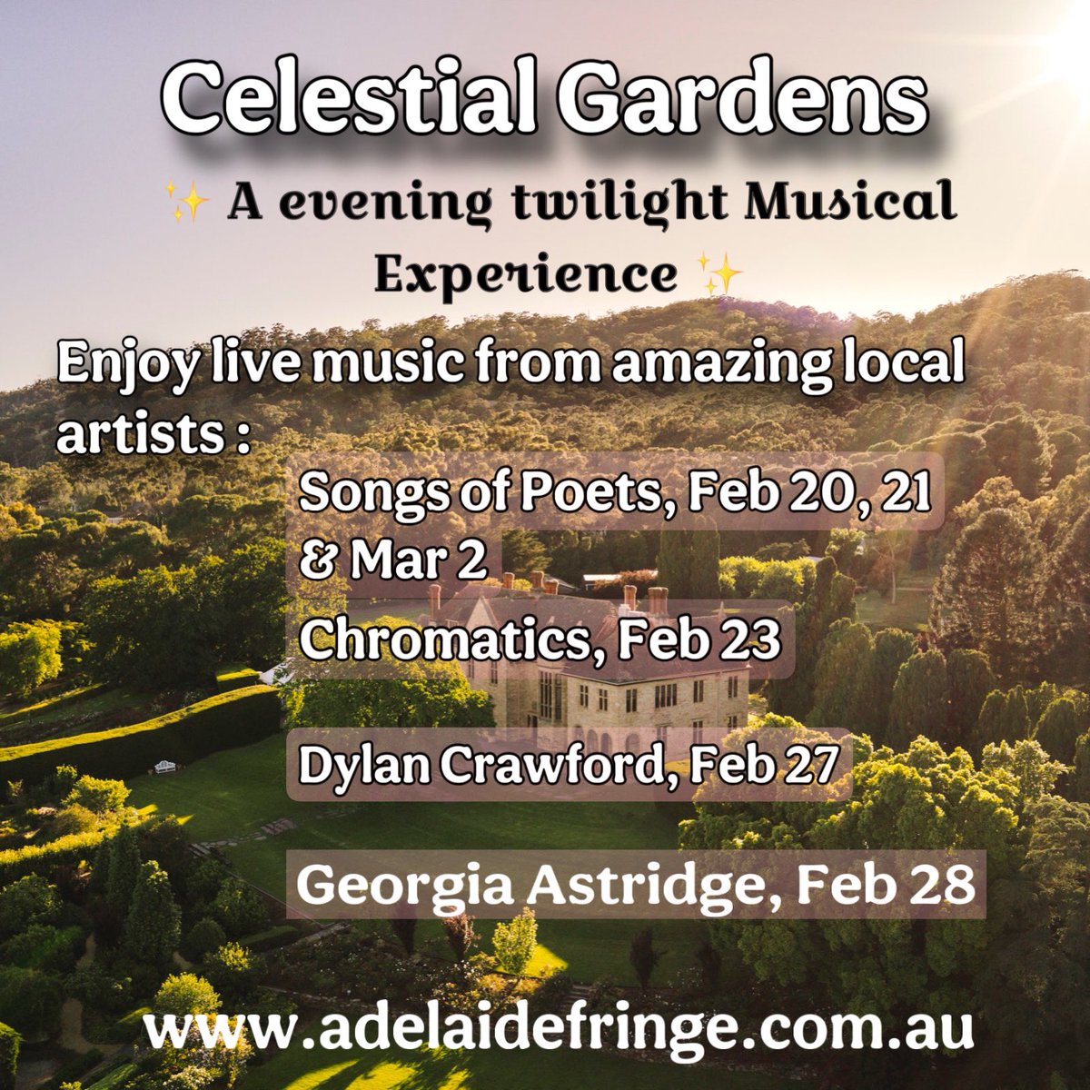 bradresonance's tweet photo. ✨ Join us for Celestial Gardens! 🎶

Immerse yourself in the enchanting sounds of incredible local artists amidst the breathtaking settings of Carrick Hill! 🌿🎤 

#CelestialGardens #LiveMusic #CarrickHill #SupportLocalArtists https://t.co/v1kx8kRsuS