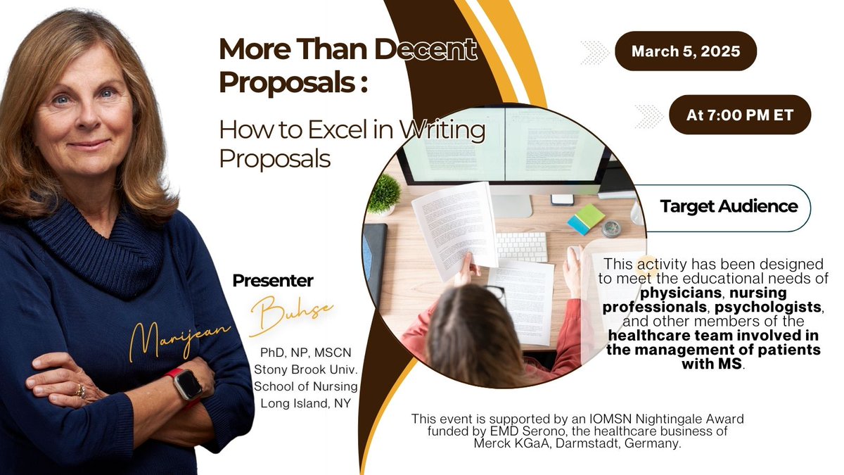 Complimentary Webinar! 
More Than Decent Proposals: How to Excel in Writing Proposals 

Wed - March 5, 2025 @ 7:00 PM ET

incommconferencing.zoom.us/webinar/regist…

Earn CE Credits:
1.0 AMA PRA Category 1 Credit(s)™, 1.0 NCPD credit or 1.0 CE credit(s) for Psychologists.
