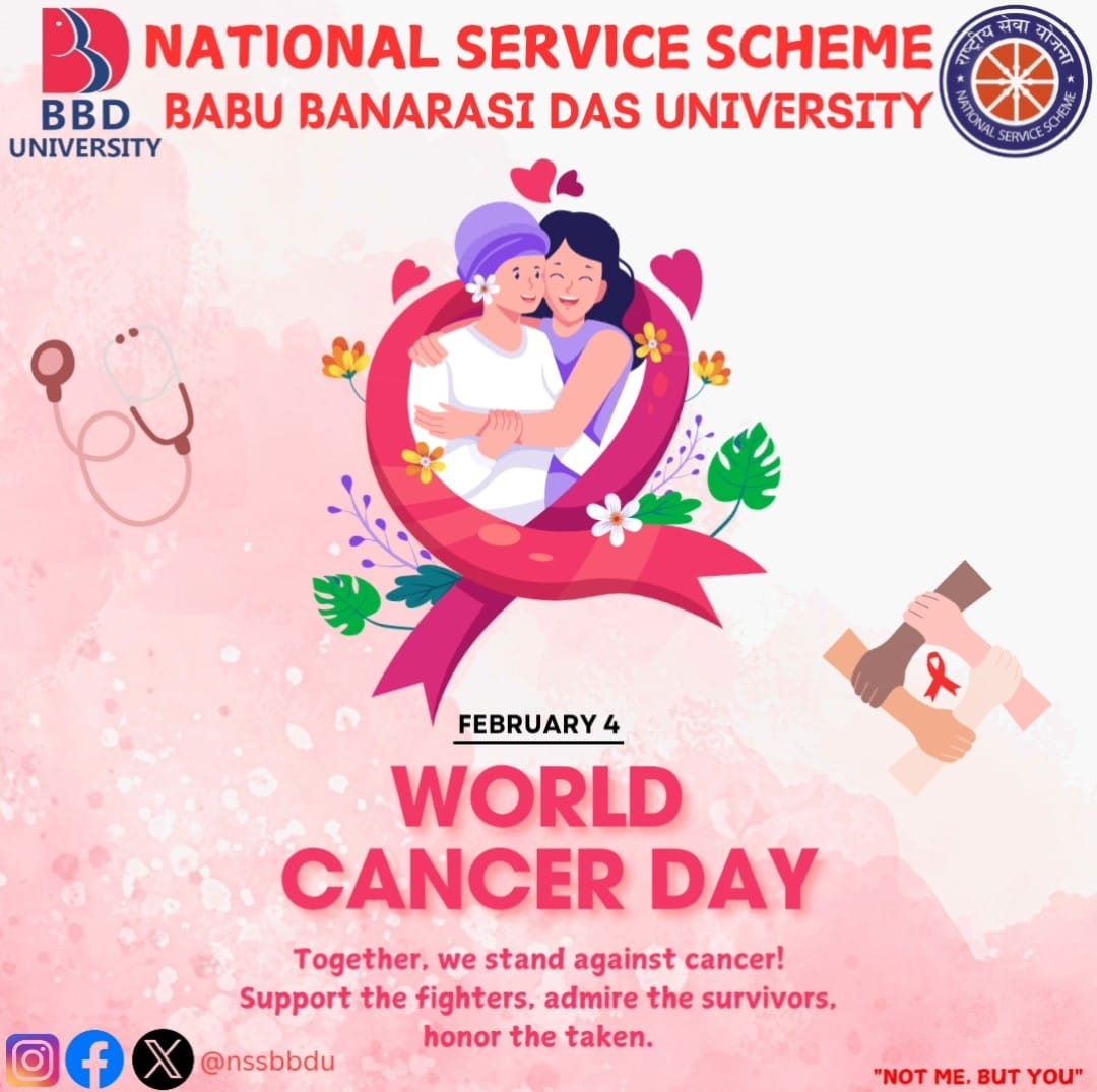 nss_bbdu's tweet photo. On #WorldCancerDay, the NSS Unit of Babu Banarasi Das University stands united in the fight against cancer. Let's spread awareness, support those in need, and work towards a cancer-free future. Together, we can make a difference. 💪🎗️ #FightCancer #NSSUnit #BBU https://t.co/ue6wT4j3wu