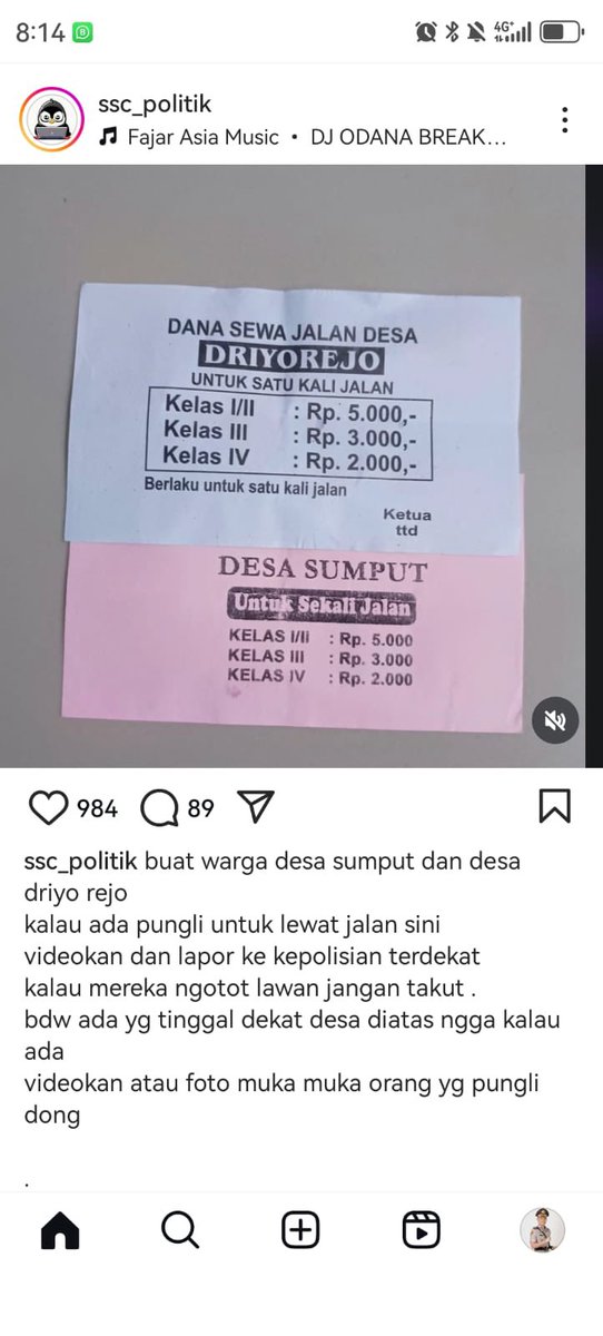 Saya menemukan postingan Instagram yang berisi keluhan warga tentang pungli di Desa Driyorejo dan Desa Sumpit. Di kertas itu tertulis “Dana Sewa Jalan” beserta tarifnya.

Korbannya, banyak supir truk dan pengendara lain yang dirugikan.

<a href="/HumasGresik/">humas polres gresik</a> <a href="/infoGRESIK/">info GRESIK</a> <a href="/GresikRuweet/">Gresik Ruweet</a>