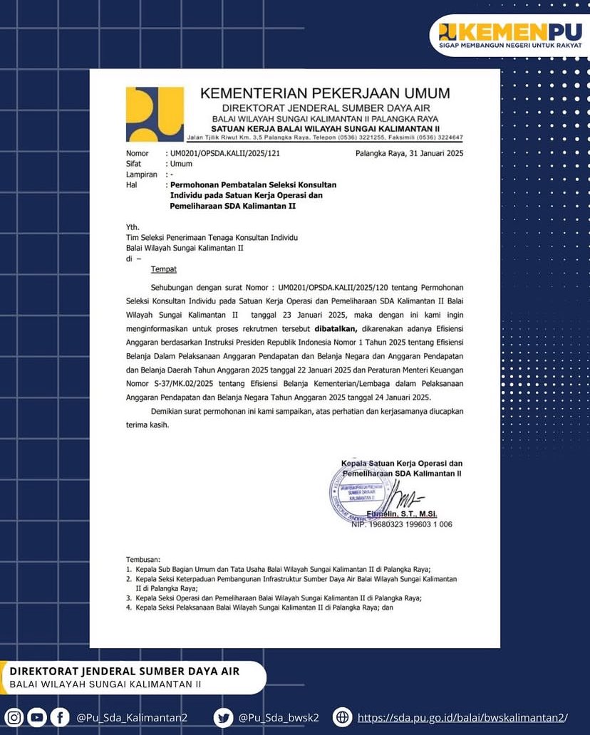 iamnicholasms's tweet photo. Saya baru baca di IG ini, dengan alasan efisiensi anggaran Rekrutmen Tenaga di salah satu satker Kementerian PU dibatalkan. Kasian mereka yang sudah berharap dan dinyatakan lolos 😢 Pemerintah seenaknya aja ngubah kebijakan. Kayanya ini bakal berlaku nasional. https://t.co/EKOaxBCG8k