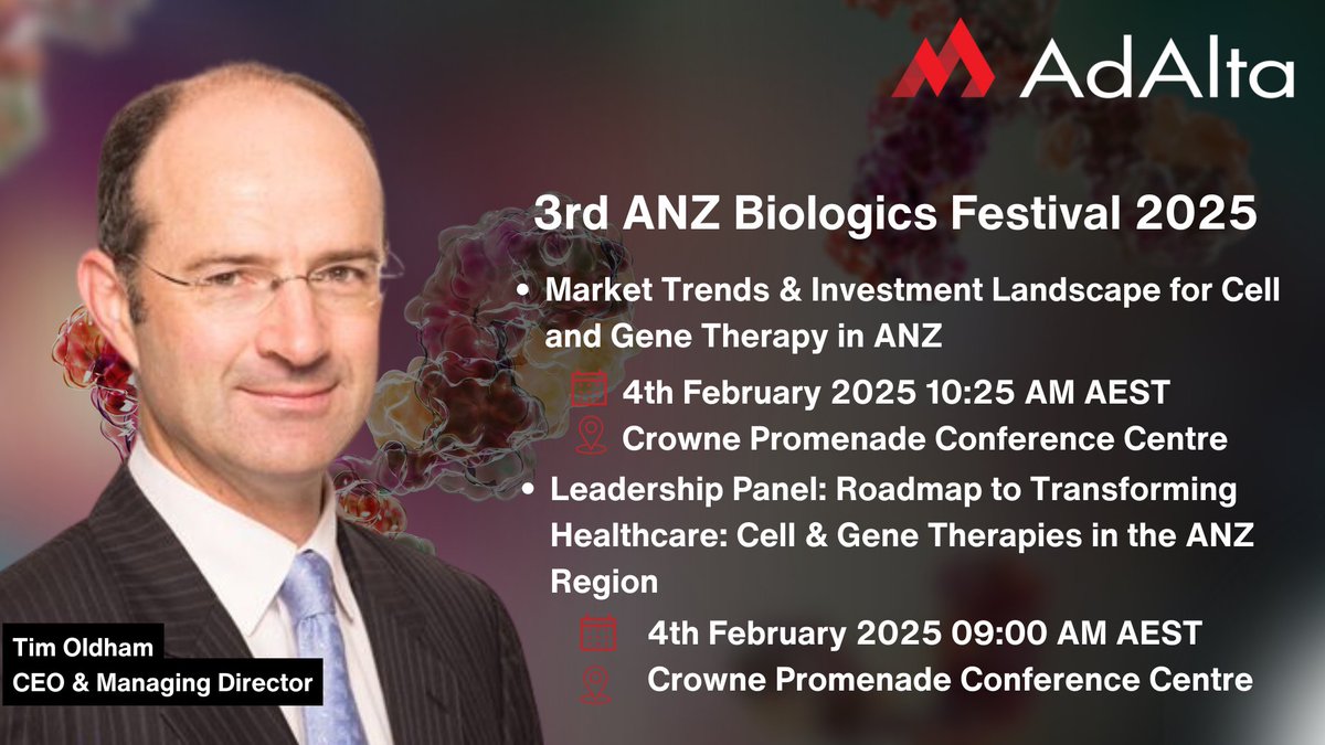 AdAlta is presenting at the 3rd ANZ Biologics Festival being held in Melbourne from 4-5 Feb, 2025. CEO &amp; MD Tim Oldham, is presenting a paper entitled “Market Trends &amp; Investment Landscape for Cell and Gene Therapy in ANZ” | ASX announcement: investorhub.adalta.com.au/announcements/…