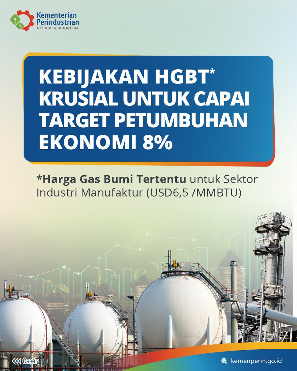 Kemenperin_RI's tweet photo. Sobat industri, kebijakan Harga Gas Bumi Tertentu (HGBT) bagi sektor industri akan diperpanjang penerapannya pada tahun 2025.

Simak infonya yuk, Sob!

#infoperin #jagaindustri #HGBT #gasbumi https://t.co/w2ceacvQKN