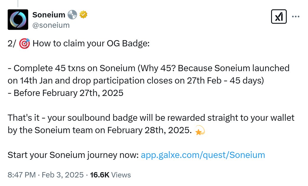 Soneium จะแจก OG Badge สำหรับผู้ที่ทำ transaction บน <a href="/soneium/">Soneium 💿</a> จำนวน >45 txs

- นับตั้งแต่เปิดตัว mainnet 14 ม.ค. ไปจนถึงวันที่ 27 ก.พ.
- นับ transaction ทุกประเภท
- แจก badge วันที่ 28 ก.พ.
- เช็คจำนวน tx: soneium.blockscout.com