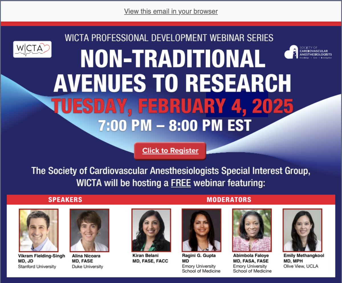 Hi WICTA! Join us TOMORROW for our next Professional Development Webinar! An amazing panel to learn about avenues to research- come ready to learn and ask questions! Applicable to attendings, fellows, residents all. Hope to see you there!

Register here:
scahq.memberclicks.net/wicta-webinar-…