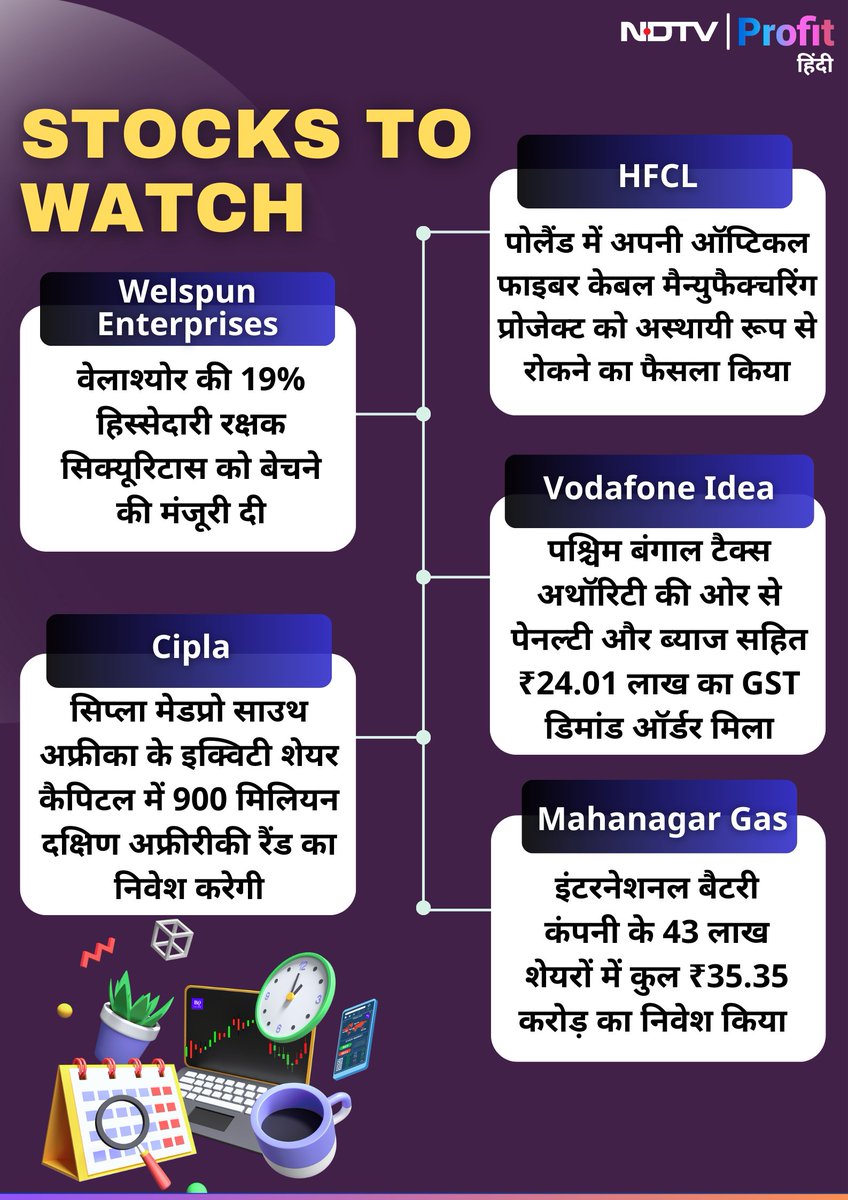 NDTVProfitHindi's tweet image. #StocksToWatch | आज इन शेयरों पर रखें पैनी नजर, दिनभर दिखेगा एक्शन

पूरी लिस्ट: bit.ly/3Ei5piI

#WelspunEnterprises #Cipla #HFCL #VodafoneIdea #MahanagarGas