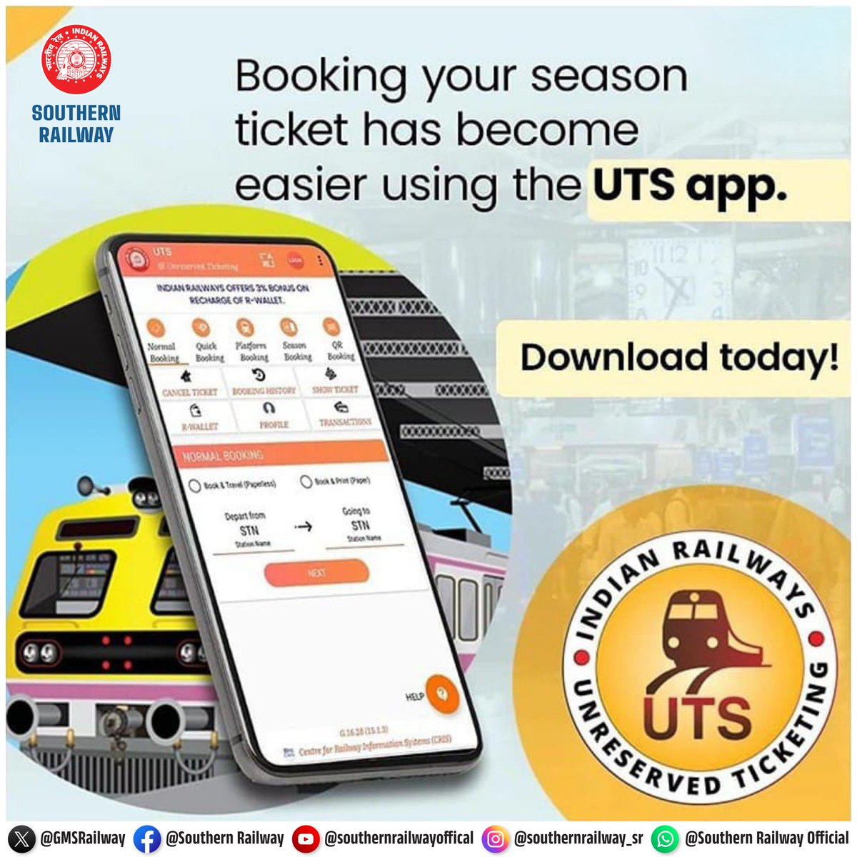 GMSRailway's tweet photo. Season Tickets Made Easy with UTS App!๐๐ฑ
Skip the queue & book your season ticket anytime, anywhere.
Go digital & travel hassle-free!
๐ฒDownload the UTS App today!
#IndianRailways #UTSApp #DigitalIndia #DigitalDayTuesday #SouthernRailway ๐ https://t.co/Jp5HRJ3ifA
