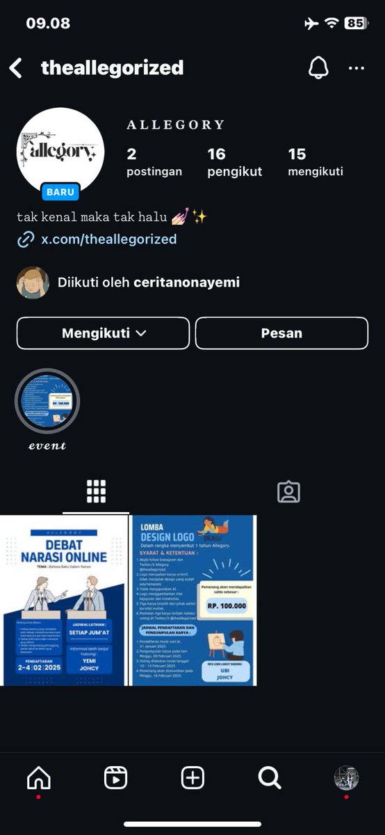 johcyland's tweet photo. Nama : Johcy Suh
Username : @johcyland

Alasan saya ingin bergabung dengan ALLEGORY karena saya ingin meningkatkan kemampuan menulis dan menambah wawasan mengenai kepenulisan. Terima kasih @theallegorized @tyongwaipeu 

Tag : @Ceritanonayemi @hanyabualan @agitsny_fjr https://t.co/7GiU9wtR2m