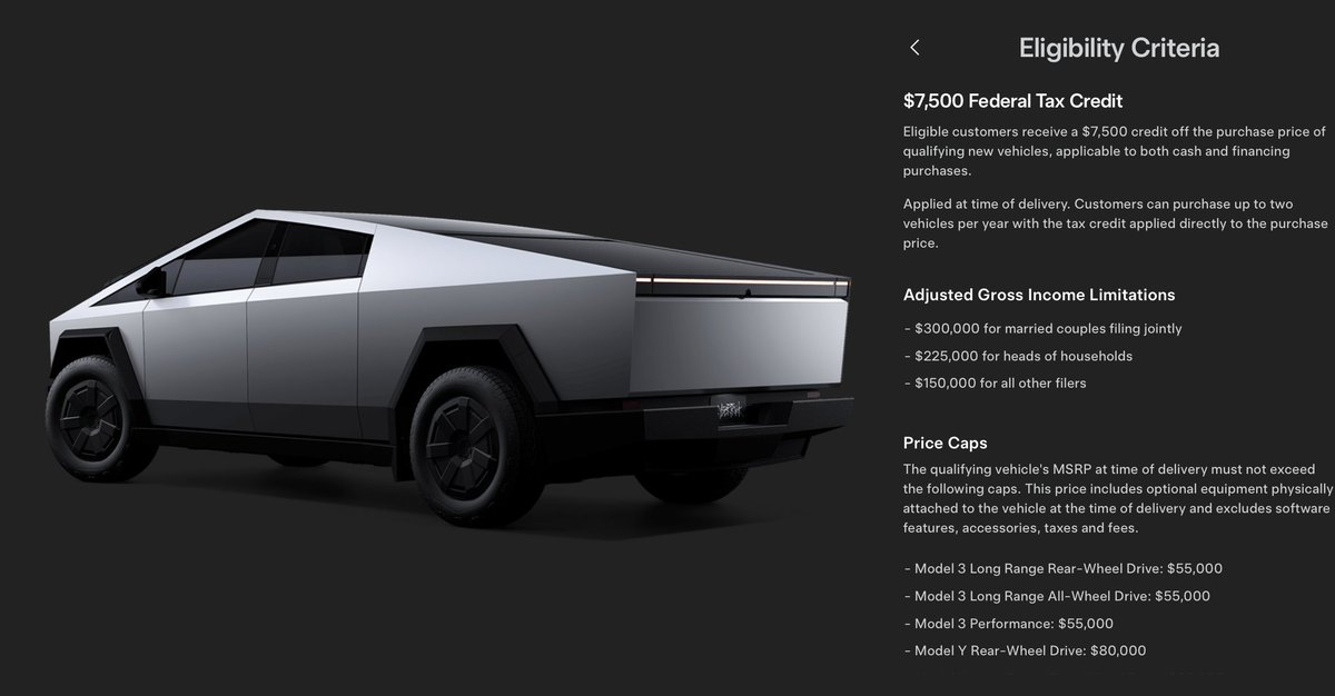 SawyerMerritt's tweet image. BREAKING: The Cybertruck now officially qualifies for the full $7,500 US Fed EV credit, bringing down the starting price of the truck to $72,490 for those who qualify.

Non-Foundation Series Cybertruck is also now available in Canada  &amp;amp; Mexico.