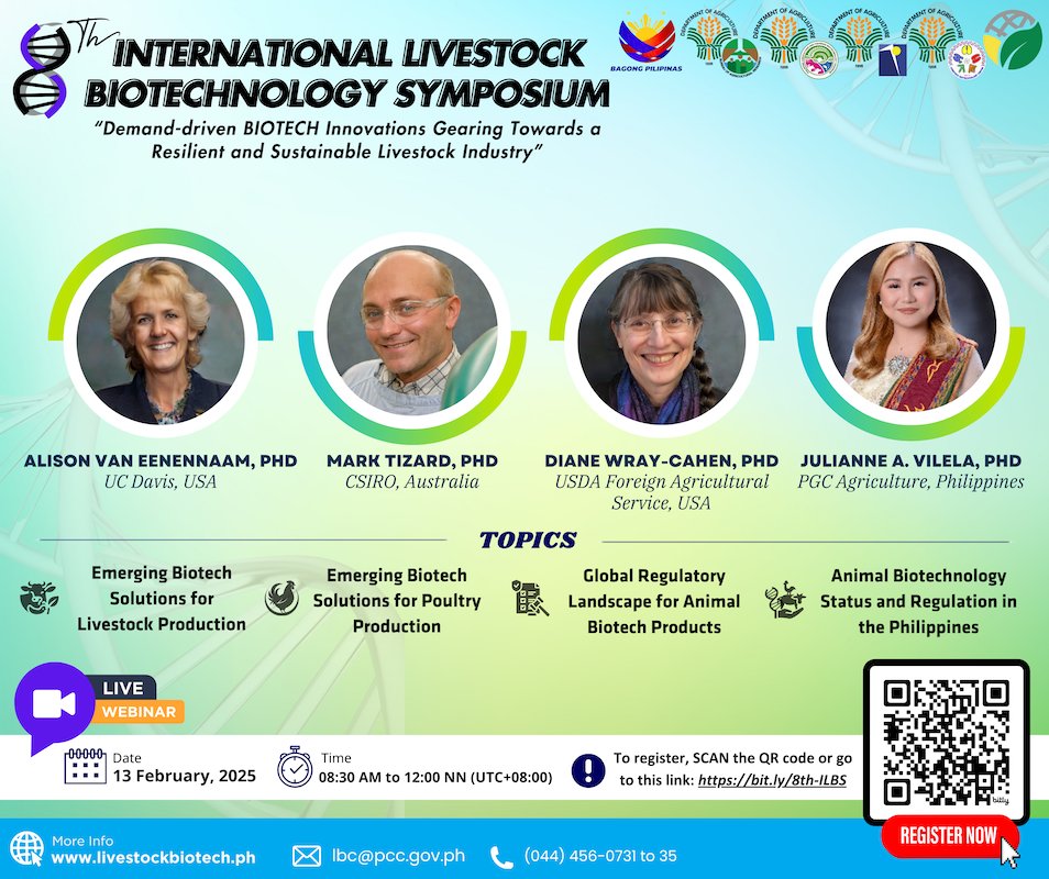 Join Livestock Biotechnology Center and ISAAA Inc. in this event!

🐓 8th International Livestock Biotechnology Symposium
🗓️ February 13, 2025, 8:30 AM GMT+8.

Registration for online participants is now open via Zoom: bit.ly/4i0DuCL