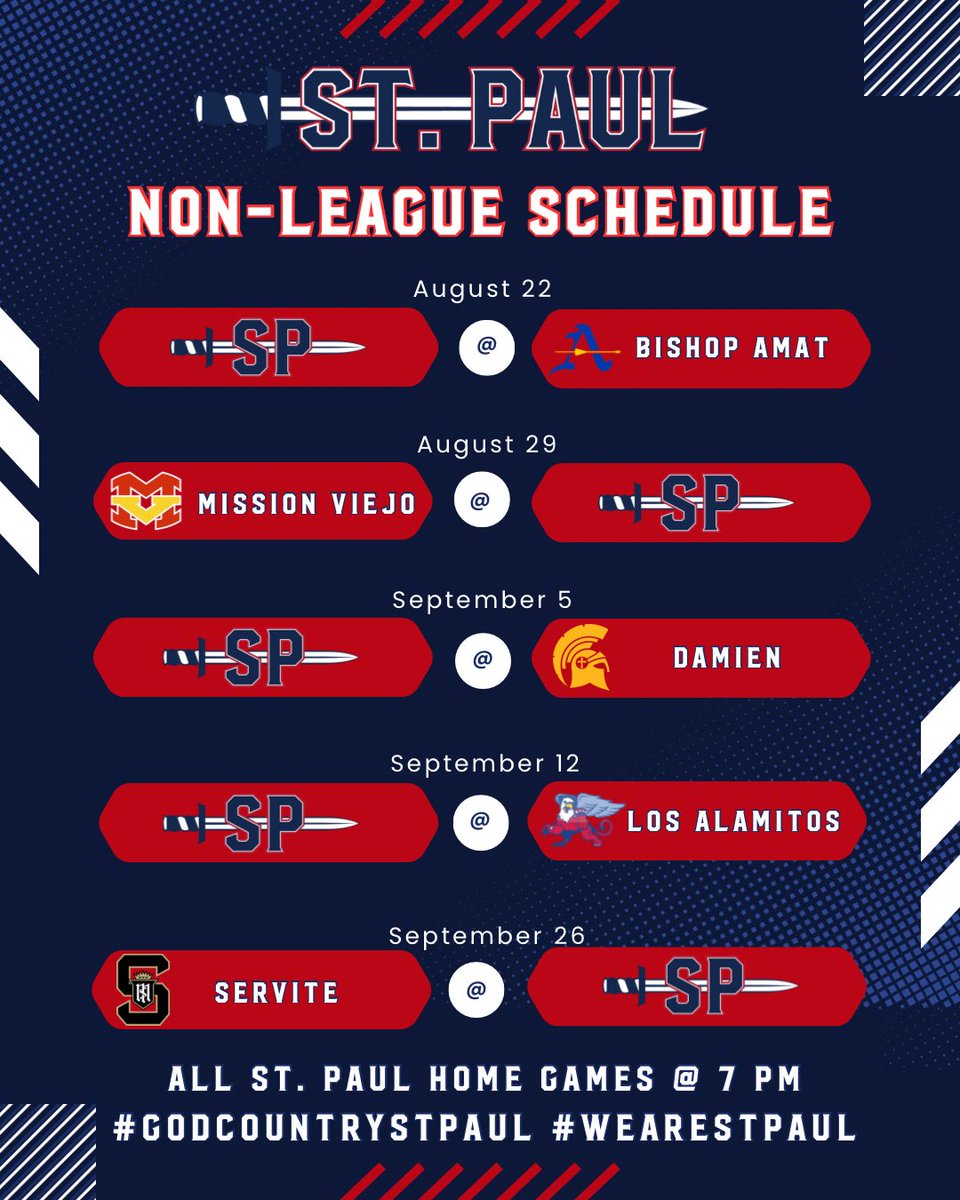 St. Paul 2025 Non League Schedule. 
@ Bishop Amat
Mission Viejo
@ Damien
@ Los Alamitos
Servite 
<a href="/GhostsofStPaul/">The Ghosts of St. Paul Football</a> <a href="/SGVNSports/">Fred J. Robledo 👨🏻‍💻</a> <a href="/latsondheimer/">eric sondheimer</a> <a href="/tspeterson40/">Tim Peterson</a> <a href="/HSFBamerica/">High School Football America</a> <a href="/coachmark_48/">Mark the Shark</a> <a href="/ocvarsityguy/">Dan Albano</a> <a href="/dlineshowtime/">DLINESHOWTIME</a> <a href="/SteveFryer/">Steve Fryer</a> <a href="/GabrielNDuarte_/">Gabriel Duarte</a>
